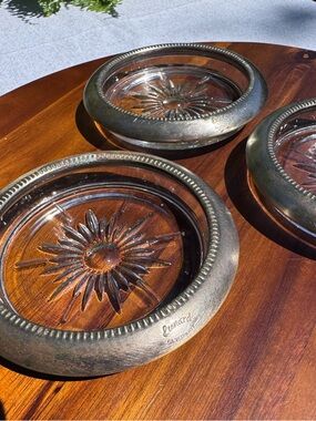 Set of 3 Vintage Leonard Silver Plate & Glass Coasters, Starburst Design